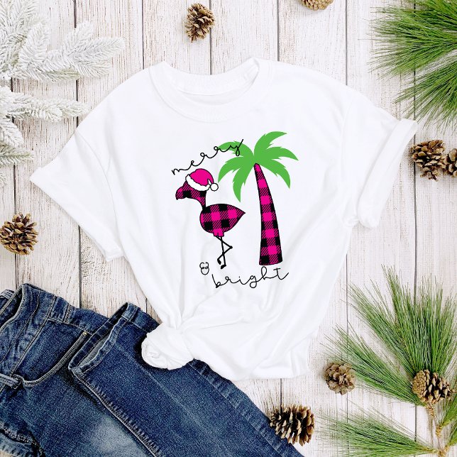 Camiseta Xadrez Palm Tree Flamingo Feliz e Brilho Mulheres (Criador carregado)