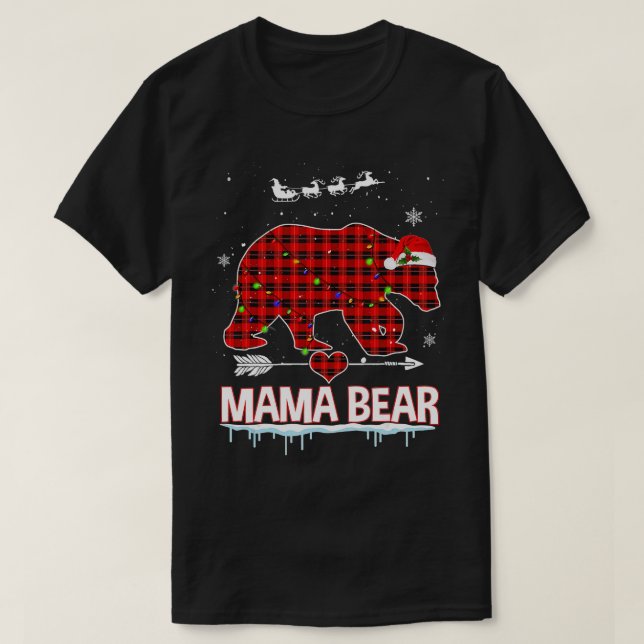 Camiseta Xadrez Vermelha Buffalo Mamãe Ursa Natal Pijamas F (Frente do Design)