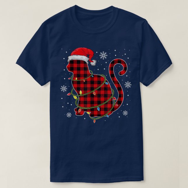 Camiseta Xadrez Vermelha Cat Santa Hap Família de Pijamas d (Frente do Design)