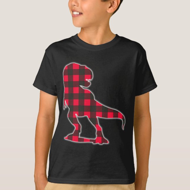 Camiseta Xadrez Vermelha Dinossauro Correspondendo Família  (Frente)