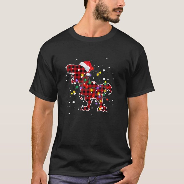 Camiseta Xadrez Vermelha Dinossauro Pijama de Natal T Rex X (Frente)