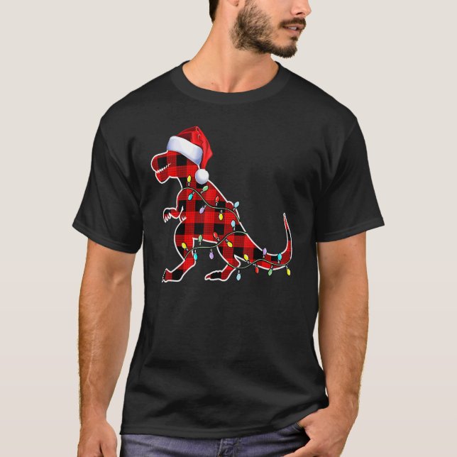 Camiseta Xadrez Vermelha Dinossauro Rex Luzes de Natal Árvo (Frente)
