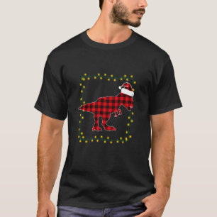 Camiseta Xadrez Vermelha Dinossauro T Rex Luzes de Natal Pi