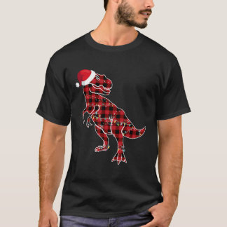 Camiseta Xadrez Vermelha Dinossauro T Rex Luzes de Natal Pi