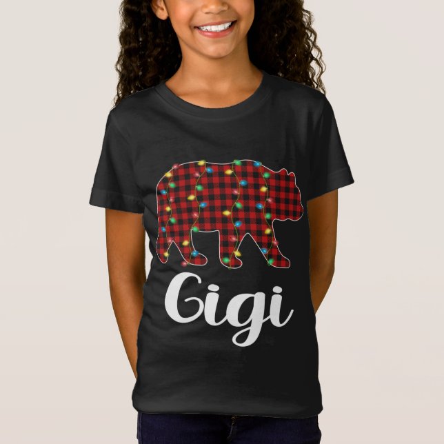Camiseta Xadrez Vermelha Luzes de Natal Gigi Bear Xmas Paja (Frente)