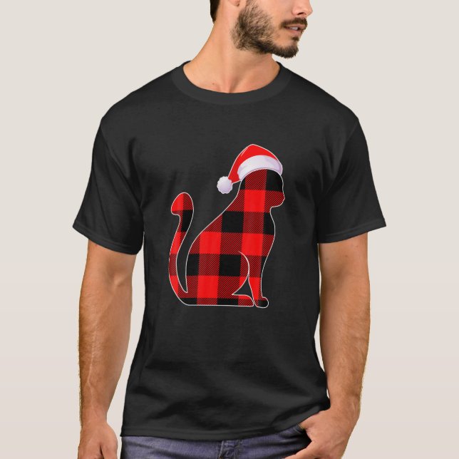 Camiseta Xadrez Vermelha Papais noeis Natal Gato Gatinho Pa (Frente)