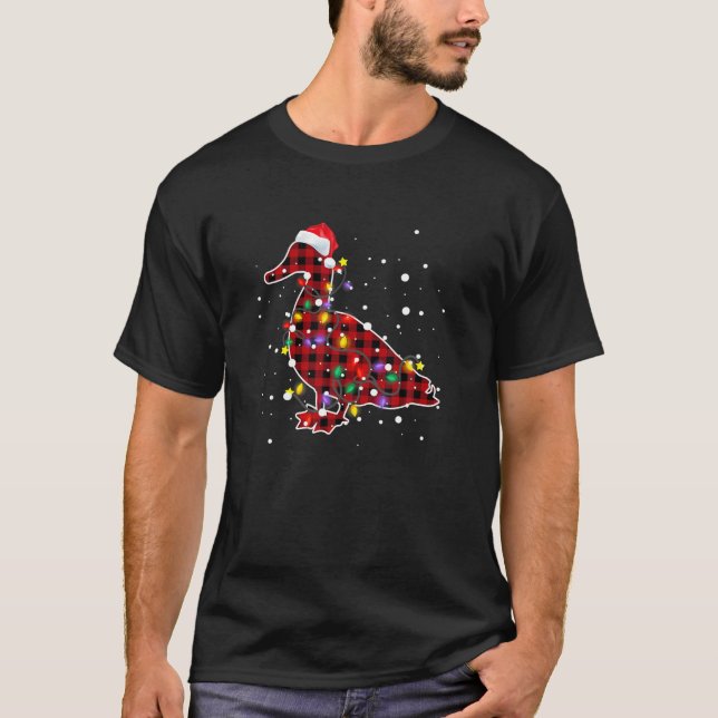 Camiseta Xadrez Vermelha Pato Natal Família de Pijamas Xmas (Frente)
