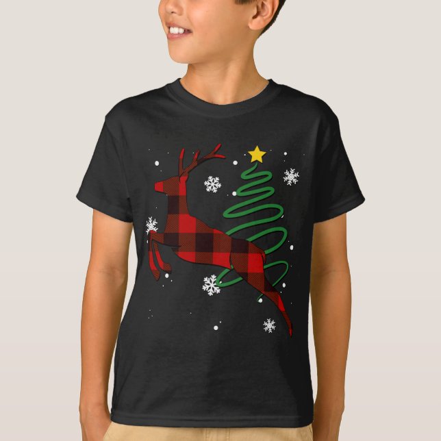 Camiseta Xadrez Vermelha Reindeer Buffalo Deer Family Pajam (Frente)