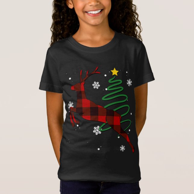 Camiseta Xadrez Vermelha Reindeer Buffalo Deer Family Pajam (Frente)