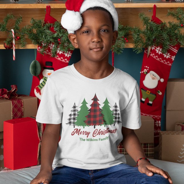 Camiseta Xadrez Vermelha Rústica Árvores de Natal Feliz Cri (Criador carregado)