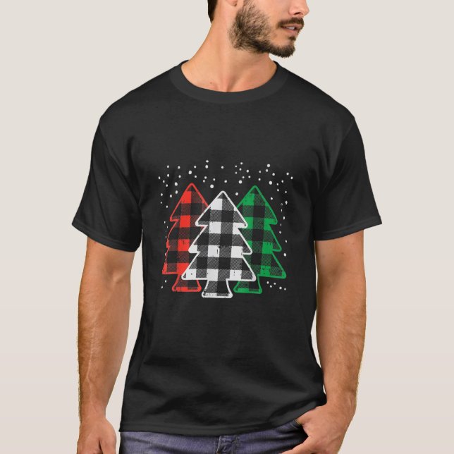 Camiseta Xadrez Vermelho Branco Verde Búfalos Árvores de Na (Frente)