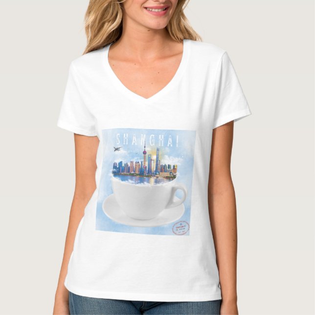 Camiseta Xangai em Teacup - Arte Skyline Futurística (Frente)