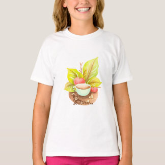 Camiseta Xícara de Café Aquarela com Folhas e Arte de Grãos
