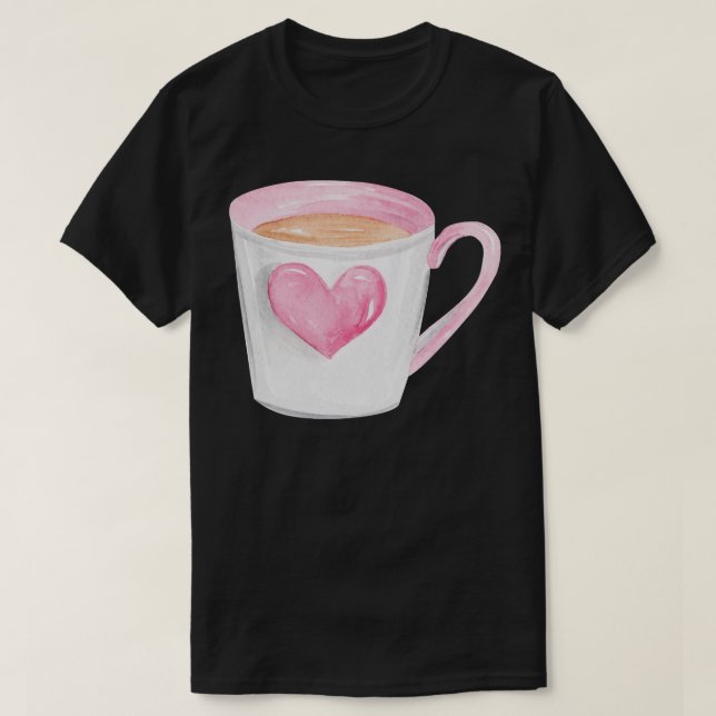 Camiseta Xícara de café com coração rosa (Frente do Design)
