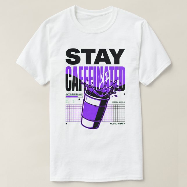 Camiseta Xícara de Café Roxa Neon Stay Caffeinated Punk (Frente do Design)