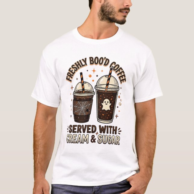 Camiseta Xícara de Fantasma de Halloween de Café Recém-Feit (Frente)
