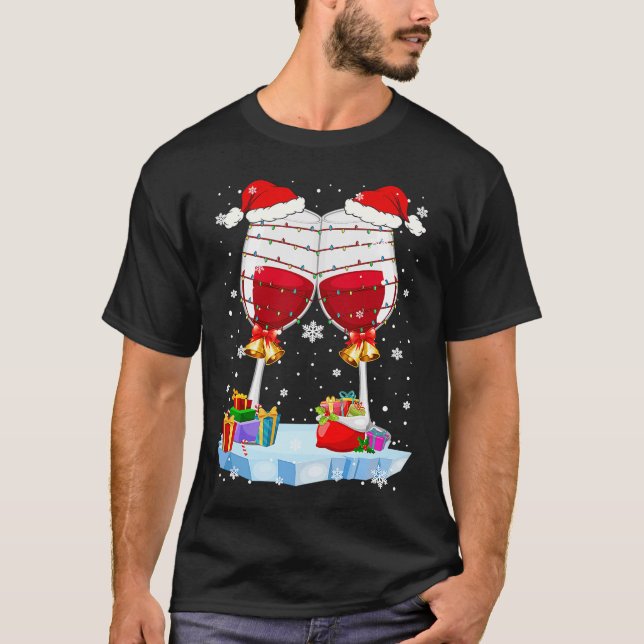 Camiseta Xmas 2 Óculos De Vinho Xmas Light Santa Hate Vinho (Frente)