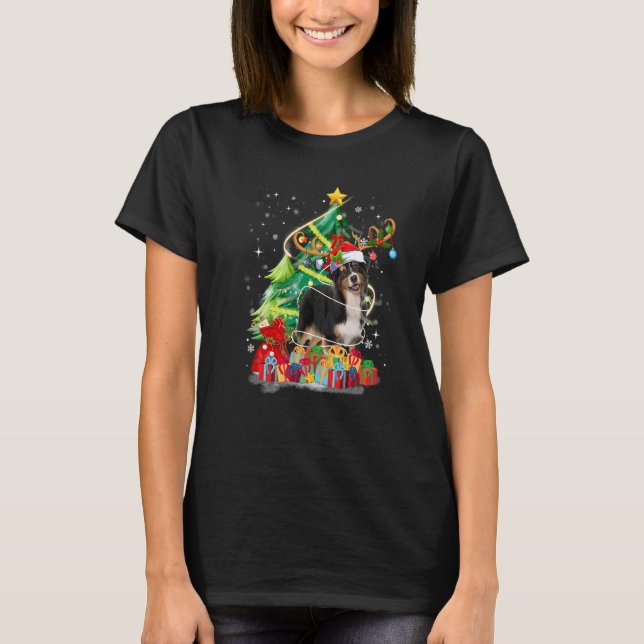 Camiseta Xmas Australian Shepherd Christmas Lights Santa Re (Frente)