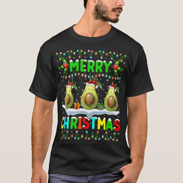 Camiseta Xmas Avocado Lighting Santa Hat Feliz Natal Av (Frente)