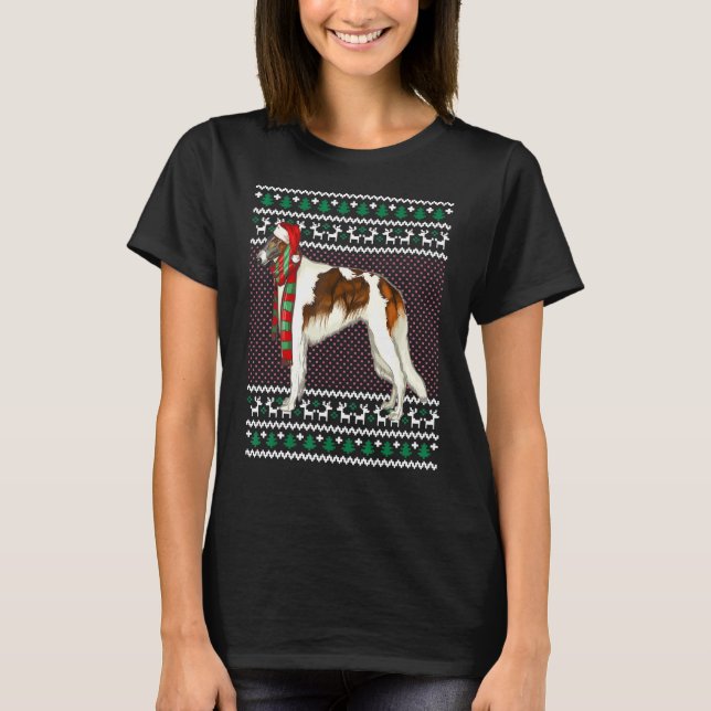 Camiseta Xmas Borzoi Dog Santa Hat Ugly Natal (Frente)