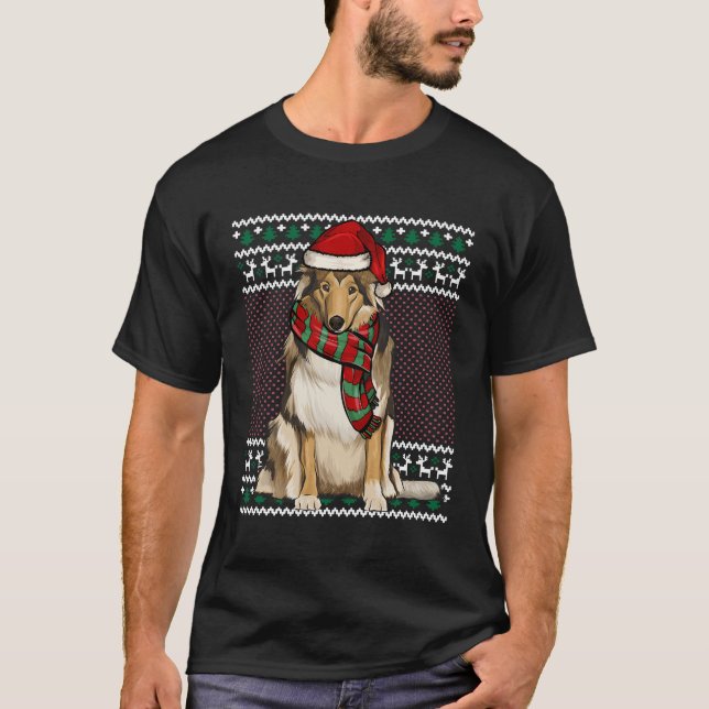 Camiseta Xmas Collie Dog Santa Hat Ugly Natal (Frente)