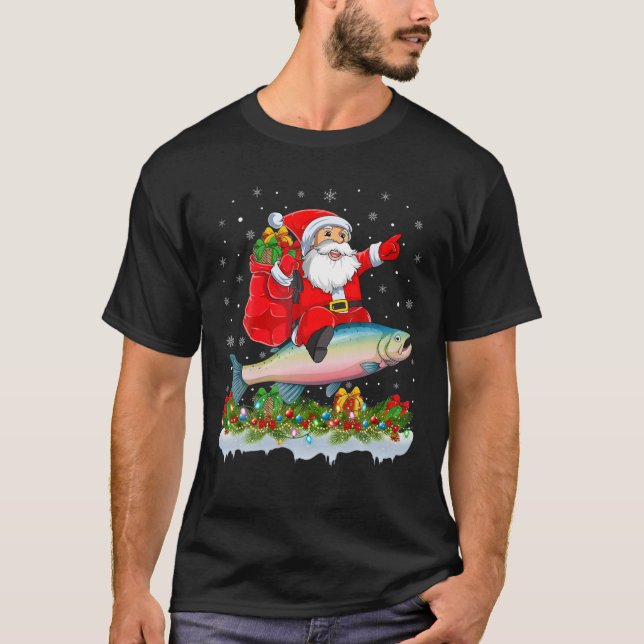 Camiseta Xmas Funny Santa Claus Andando Arco Arco-Íris Peix (Frente)
