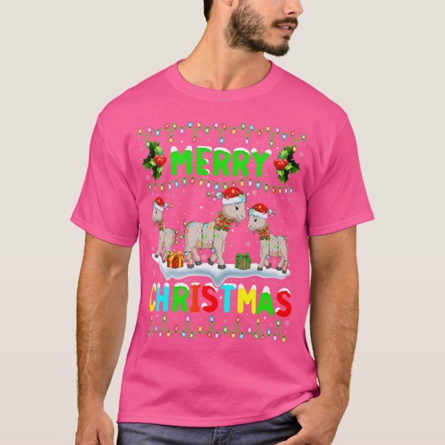 Camiseta Xmas Goat Lighting Santa Hat Feliz Capuz de Natal (Frente)