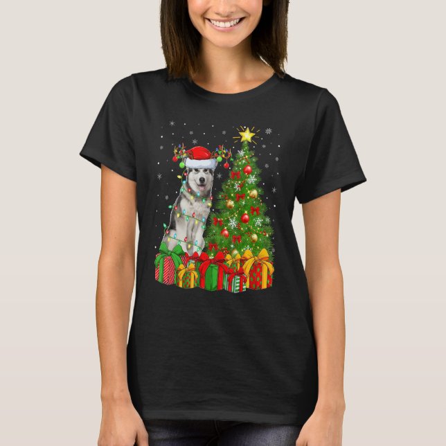 Camiseta Xmas Holiday Lights Santa Alaskan Malamute Dog Chr (Frente)