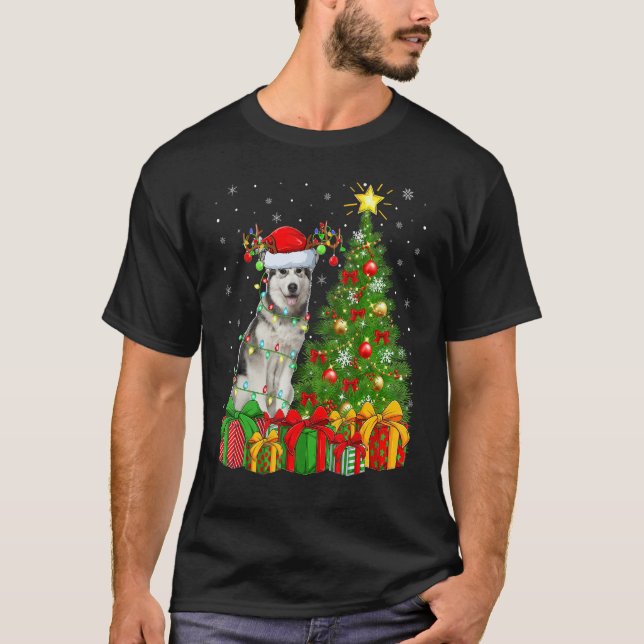Camiseta Xmas Holiday Lights Santa Alaskan Malamute Dog Chr (Frente)