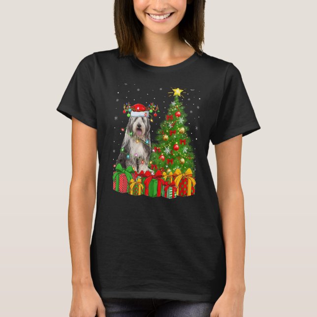 Camiseta Xmas Holiday Lights Santa Bearded Collie Dog Chris (Frente)