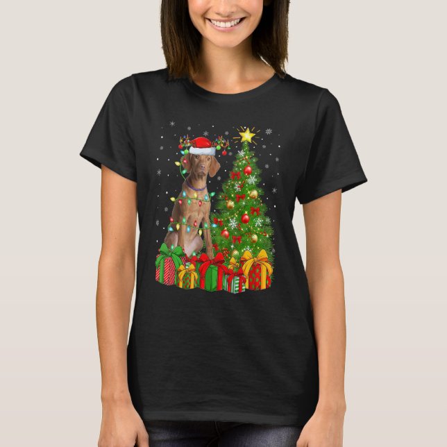 Camiseta Xmas Holiday Lights Santa Vizsla Dog Christmas Tre (Frente)