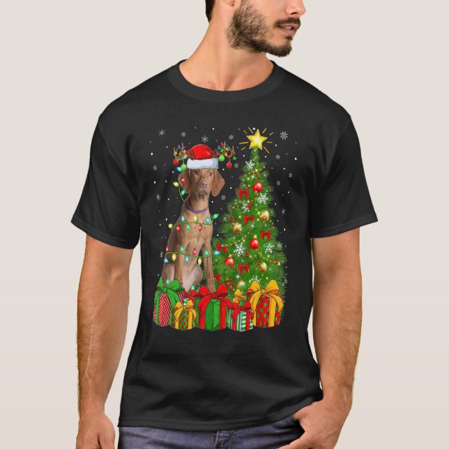 Camiseta Xmas Holiday Lights Santa Vizsla Dog Christmas Tre (Frente)