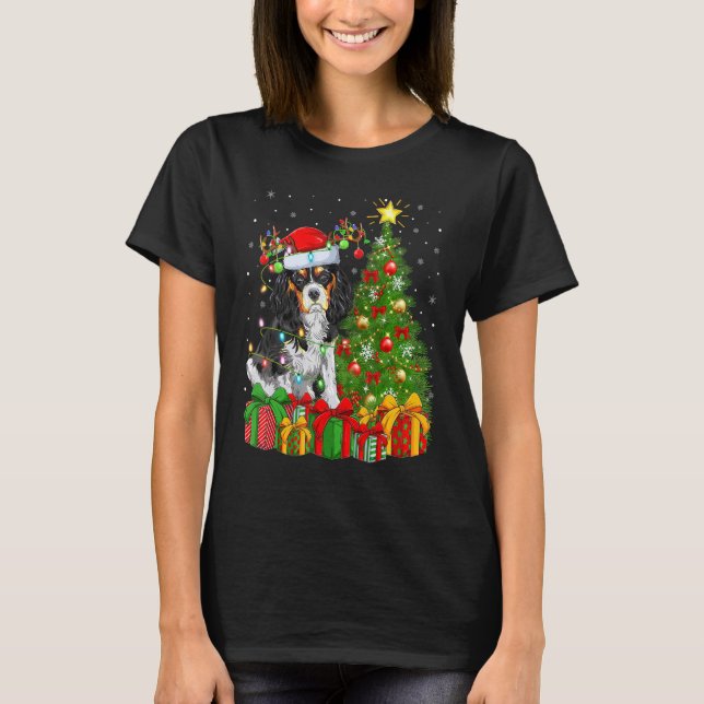 Camiseta Xmas Holiday Luzes Papais noeis Inglês Cachorro de (Frente)