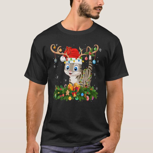 Camiseta Xmas Holiday Reindeer Hat Santa Bengal Cat Christm (Frente)