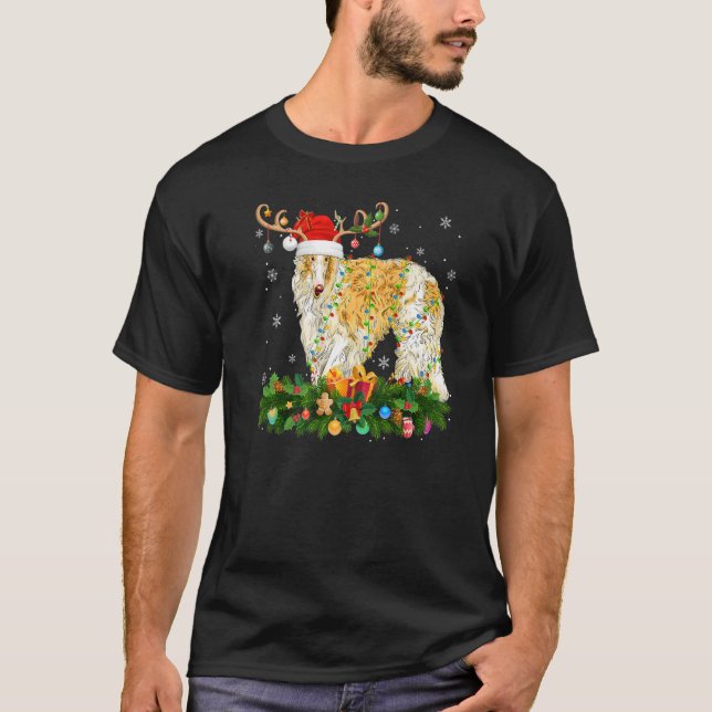 Camiseta Xmas Holiday Reindeer Hat Santa Borzoi Dog Christm (Frente)
