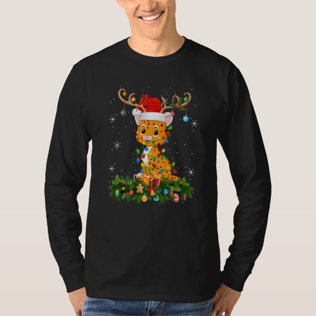 Camiseta Xmas Holiday Reindeer Hat Santa Cheetah Christmas  (Frente)
