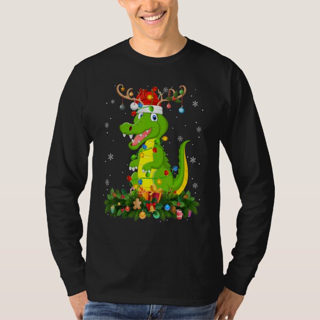 Camiseta Xmas Holiday Reindeer Hat Santa Crocodile Christma (Frente)
