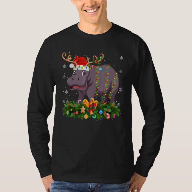Camiseta Xmas Holiday Reindeer Hat Santa Hippopotamus Chris (Frente)
