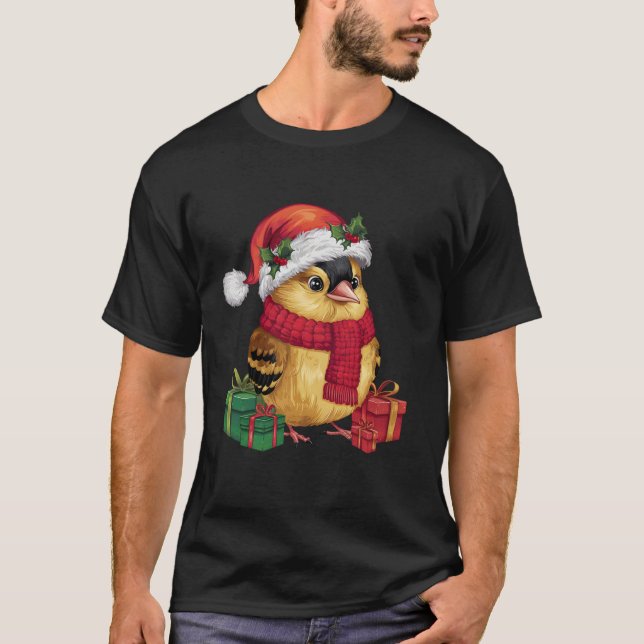 Camiseta Xmas Holiday Santa Hat American Goldfinch Bird Chr (Frente)