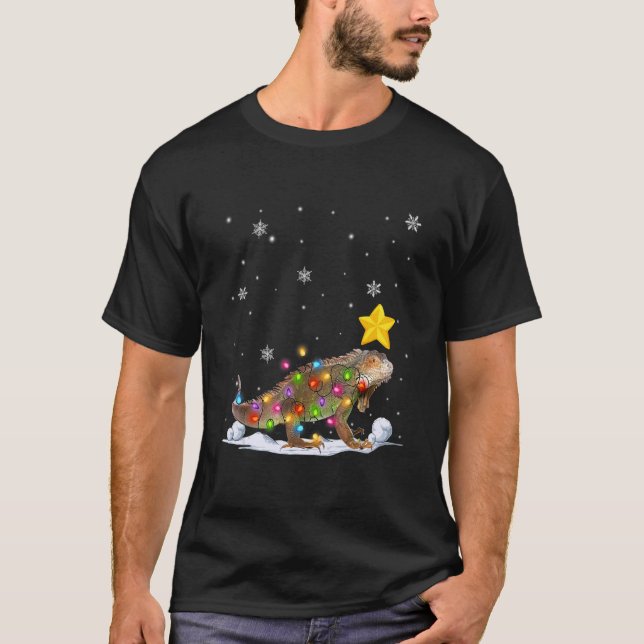 Camiseta Xmas Iguana Animais Luzes de Árvore de Natal (Frente)