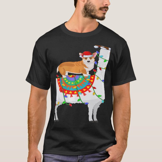 Camiseta Xmas Lighting Corgi Dog Riding Llama Christmas (Frente)