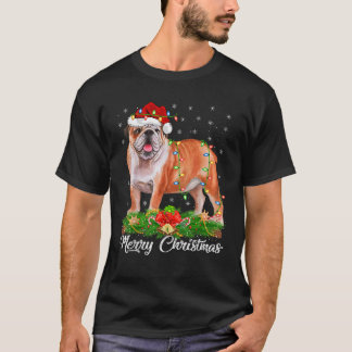Camiseta Xmas Lighting Decor Santa Hat English Bulldog Chri