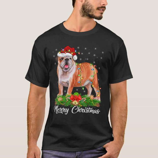 Camiseta Xmas Lighting Decor Santa Hat English Bulldog Chri (Frente)