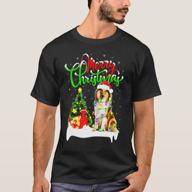 Camiseta Xmas Lighting Matching Santa Rough Collie Dog Chri (Frente)