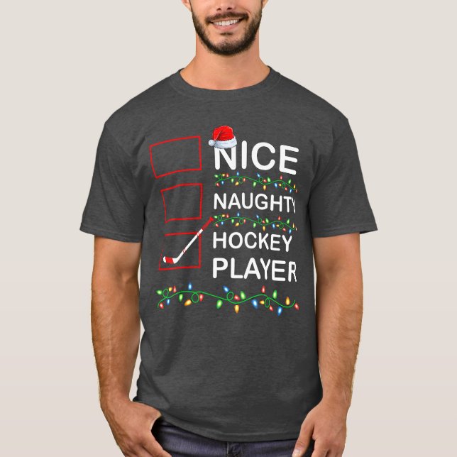 Camiseta Xmas Lighting Nice Naughty Hockey Player Christmas (Frente)