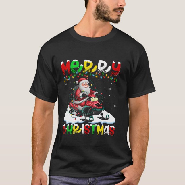 Camiseta Xmas Lighting Papais noeis Snowmobiling Feliz Nata (Frente)