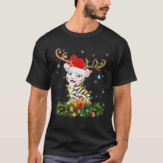 Camiseta Xmas Lighting Reindeer Santa Hat White Tiger Chris (Frente)