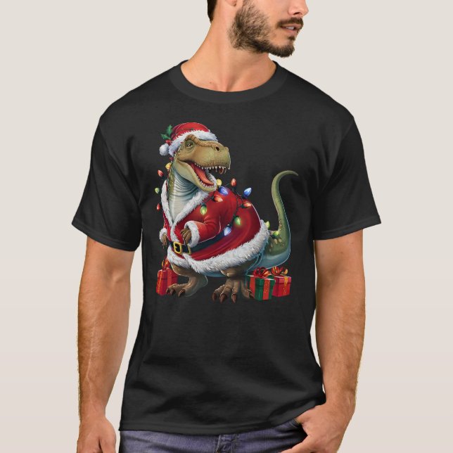 Camiseta Xmas Lighting Santa Dinosaur Christmas (Frente)