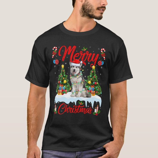 Camiseta Xmas Lighting Santa Hat Alaskan Malamute Dog Chris (Frente)