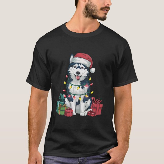 Camiseta Xmas Lighting Santa Hat Alaskan Rouco Dog Christma (Frente)